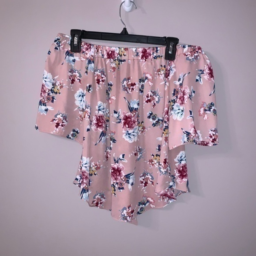 Pink rose off the shoulder pink blouse with blue floral design size small